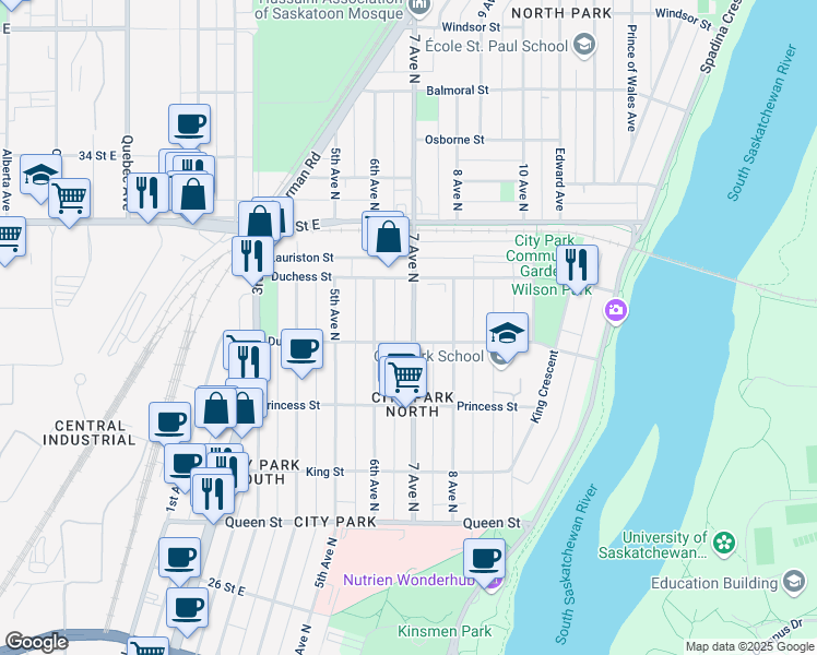 map of restaurants, bars, coffee shops, grocery stores, and more near in Saskatoon