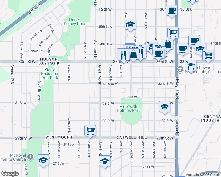 map of restaurants, bars, coffee shops, grocery stores, and more near Avenue G North in Saskatoon