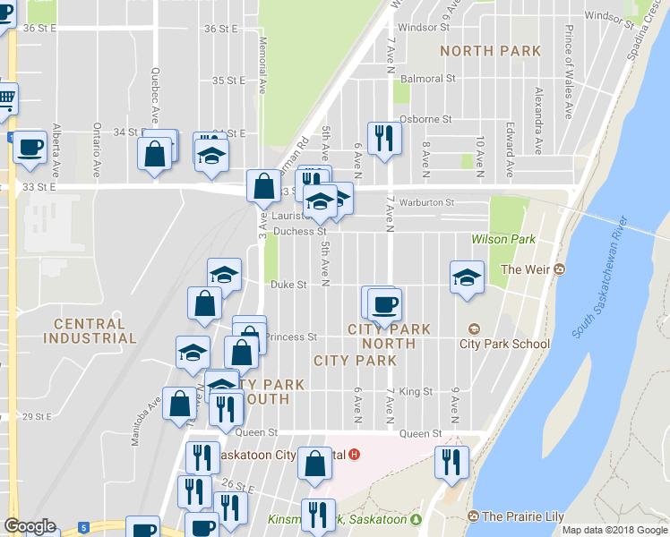 map of restaurants, bars, coffee shops, grocery stores, and more near 912 5th Avenue North in Saskatoon