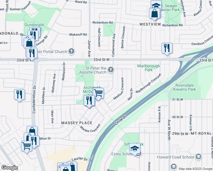 map of restaurants, bars, coffee shops, grocery stores, and more near 2 McKay Place in Saskatoon
