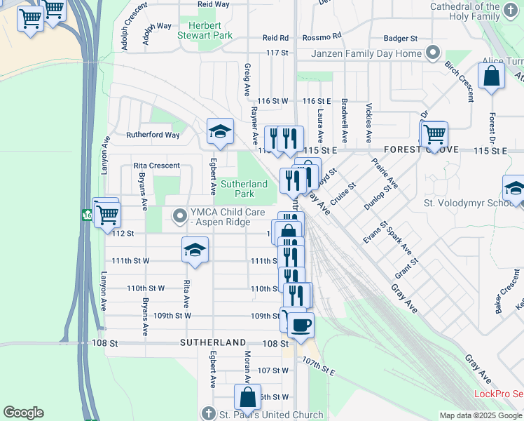 map of restaurants, bars, coffee shops, grocery stores, and more near 111 113 Street in Saskatoon
