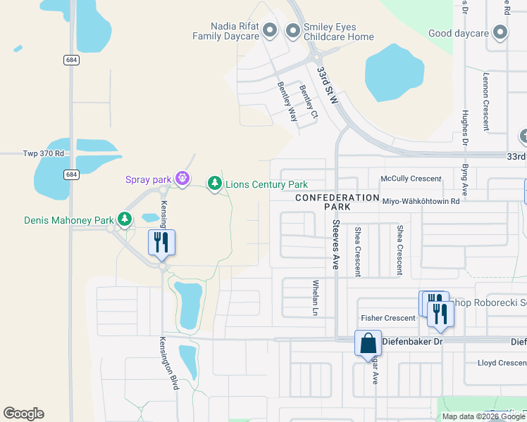 map of restaurants, bars, coffee shops, grocery stores, and more near 431 Carter Way in Saskatoon