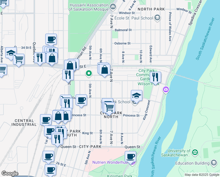 map of restaurants, bars, coffee shops, grocery stores, and more near in Saskatoon