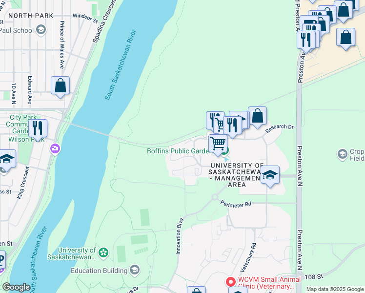 map of restaurants, bars, coffee shops, grocery stores, and more near 410 Downey Road in Saskatoon