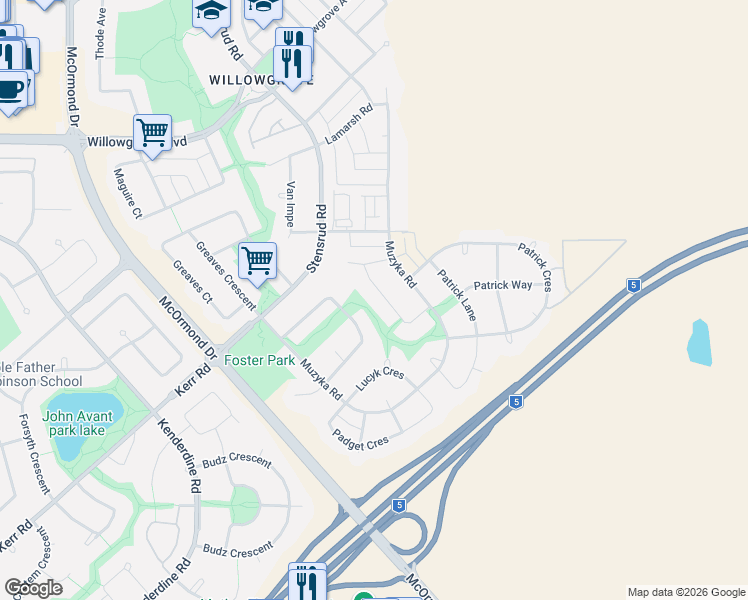 map of restaurants, bars, coffee shops, grocery stores, and more near 215 Fleming Crescent in Saskatoon