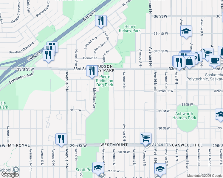 map of restaurants, bars, coffee shops, grocery stores, and more near 1101 Avenue L North in Saskatoon
