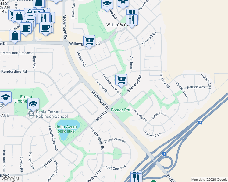map of restaurants, bars, coffee shops, grocery stores, and more near 114 Greaves Court in Saskatoon