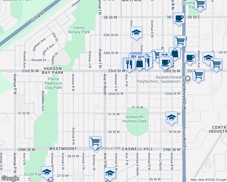 map of restaurants, bars, coffee shops, grocery stores, and more near 701 32nd Street West in Saskatoon