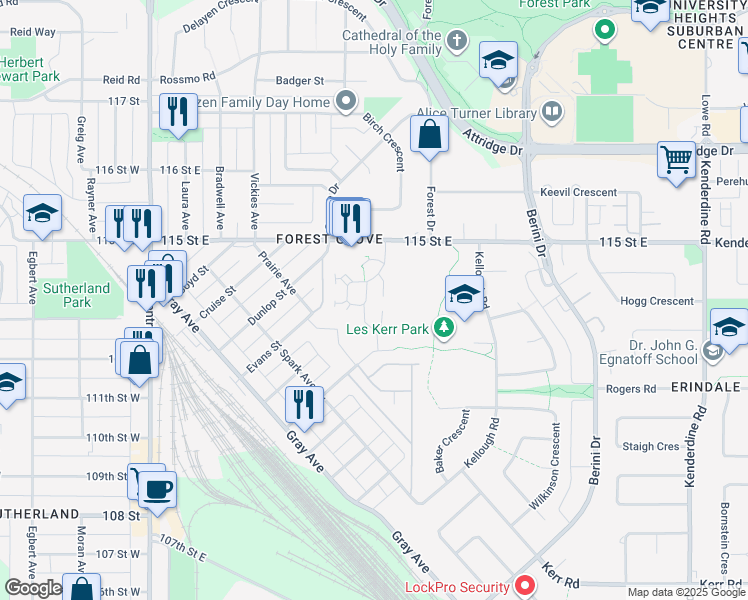 map of restaurants, bars, coffee shops, grocery stores, and more near 425 115 Street East in Saskatoon