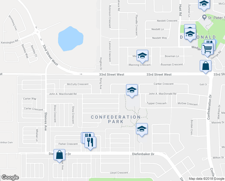 map of restaurants, bars, coffee shops, grocery stores, and more near 3650 John A. Macdonald Road in Saskatoon