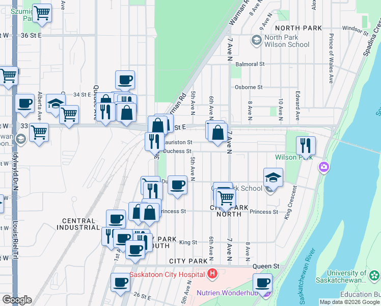 map of restaurants, bars, coffee shops, grocery stores, and more near 939 5th Avenue North in Saskatoon