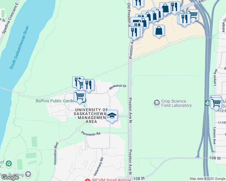 map of restaurants, bars, coffee shops, grocery stores, and more near 121 Research Drive in Saskatoon