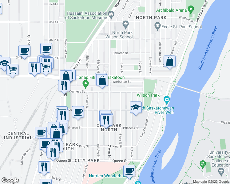 map of restaurants, bars, coffee shops, grocery stores, and more near Duchess Street in Saskatoon