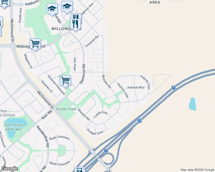 map of restaurants, bars, coffee shops, grocery stores, and more near 1026 Muzyka Road in Saskatoon