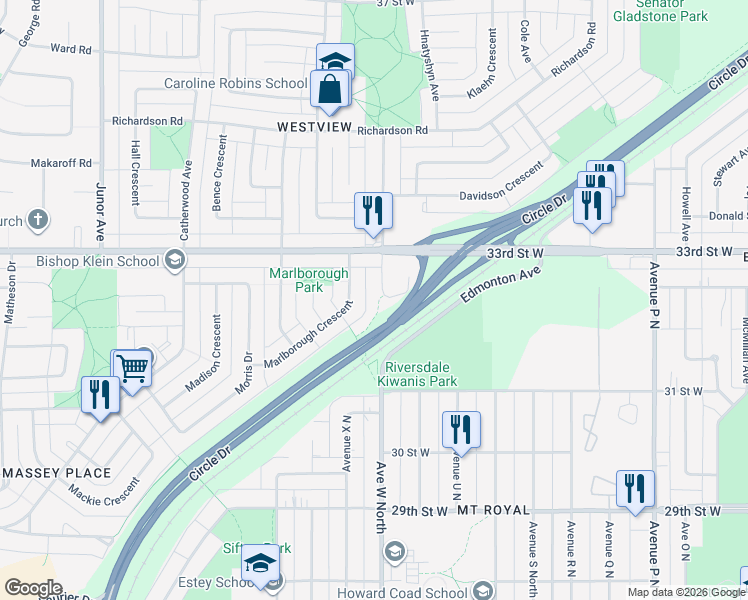 map of restaurants, bars, coffee shops, grocery stores, and more near 1101 Avenue w North in Saskatoon