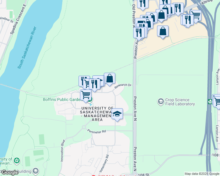 map of restaurants, bars, coffee shops, grocery stores, and more near 116 Research Drive in Saskatoon