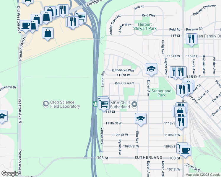 map of restaurants, bars, coffee shops, grocery stores, and more near 162 Rita Crescent in Saskatoon