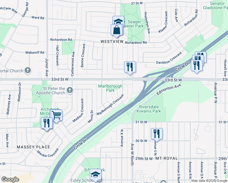 map of restaurants, bars, coffee shops, grocery stores, and more near 21 Marlborough Place in Saskatoon