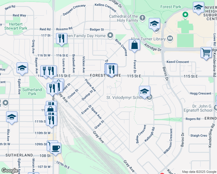 map of restaurants, bars, coffee shops, grocery stores, and more near 425 115 Street East in Saskatoon