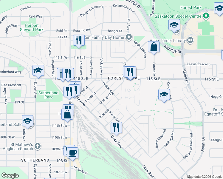 map of restaurants, bars, coffee shops, grocery stores, and more near 302 Prairie Avenue in Saskatoon
