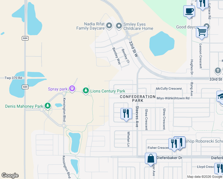 map of restaurants, bars, coffee shops, grocery stores, and more near 223 Blakeney Crescent in Saskatoon