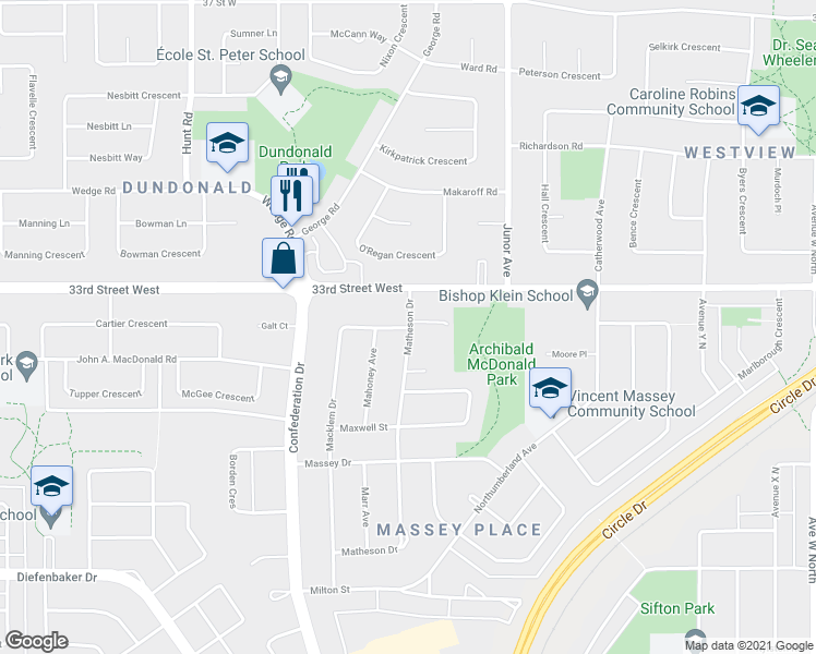 map of restaurants, bars, coffee shops, grocery stores, and more near 1149 Macklem Drive in Saskatoon