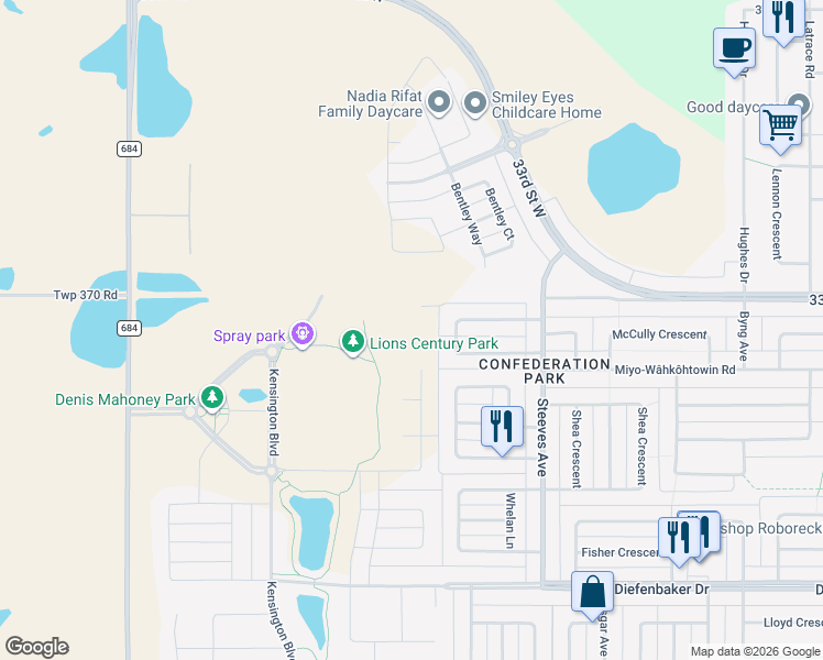 map of restaurants, bars, coffee shops, grocery stores, and more near 223 Blakeney Crescent in Saskatoon