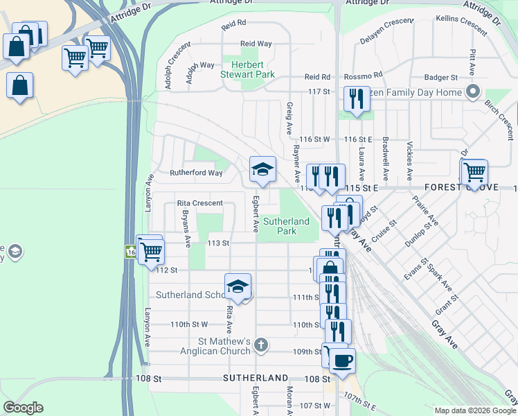 map of restaurants, bars, coffee shops, grocery stores, and more near 1401 Egbert Avenue in Saskatoon
