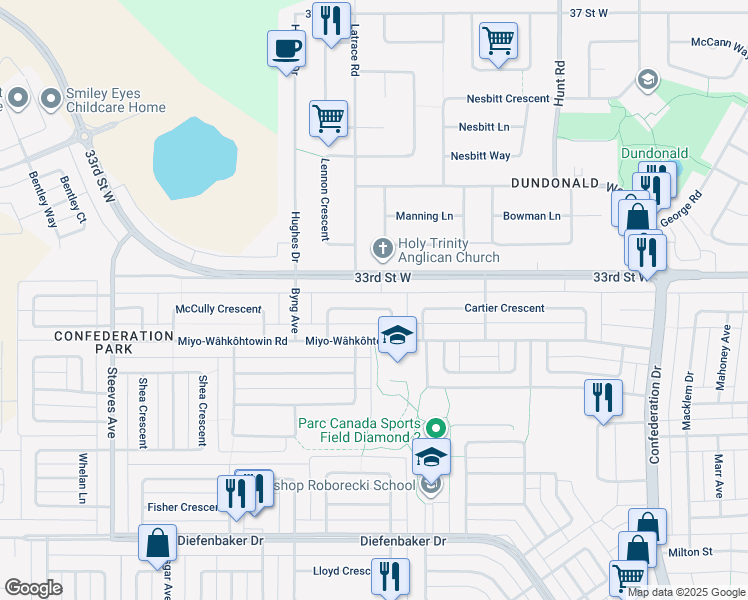 map of restaurants, bars, coffee shops, grocery stores, and more near 38 Dominion Crescent in Saskatoon