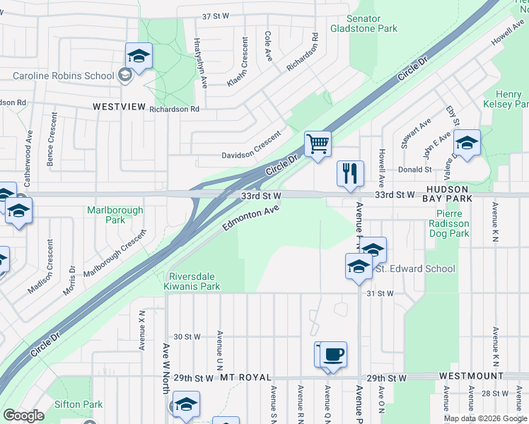 map of restaurants, bars, coffee shops, grocery stores, and more near Edmonton Avenue in Saskatoon
