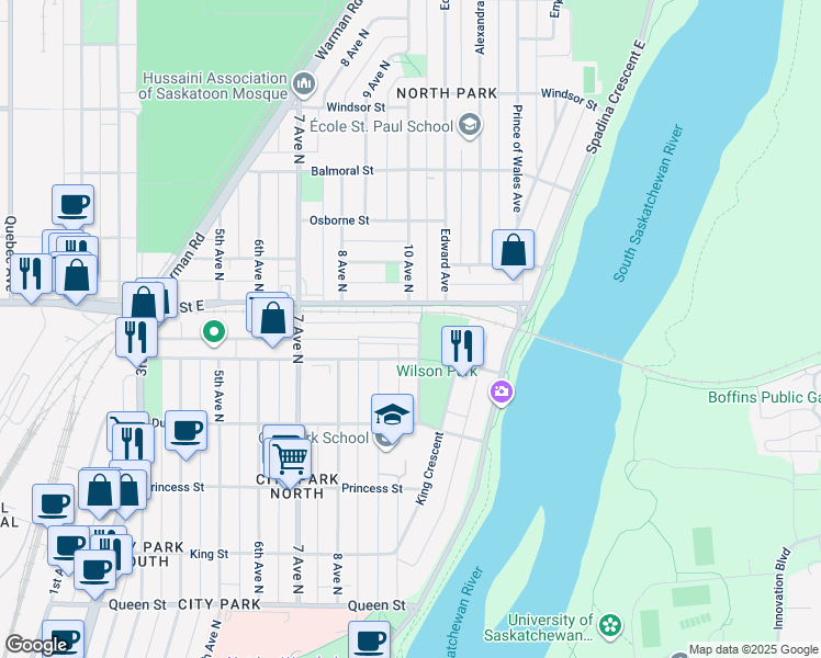 map of restaurants, bars, coffee shops, grocery stores, and more near 906g Duchess Street in Saskatoon