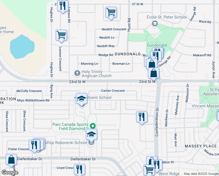 map of restaurants, bars, coffee shops, grocery stores, and more near 126 Cartier Crescent in Saskatoon
