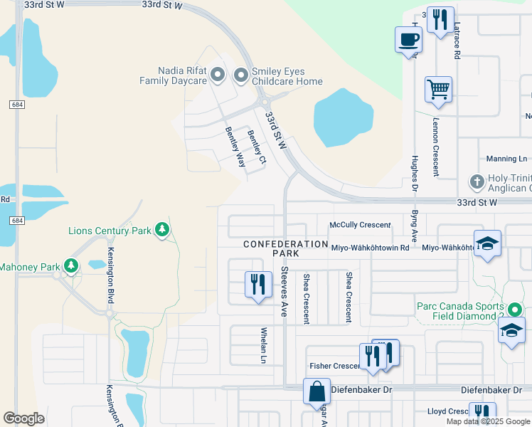 map of restaurants, bars, coffee shops, grocery stores, and more near 478 Blakeney Crescent in Saskatoon