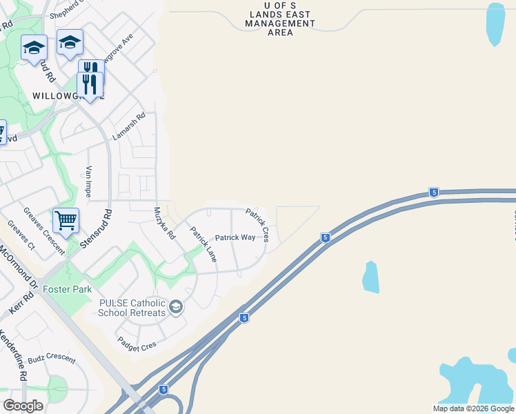 map of restaurants, bars, coffee shops, grocery stores, and more near Patrick Terrace in Saskatoon