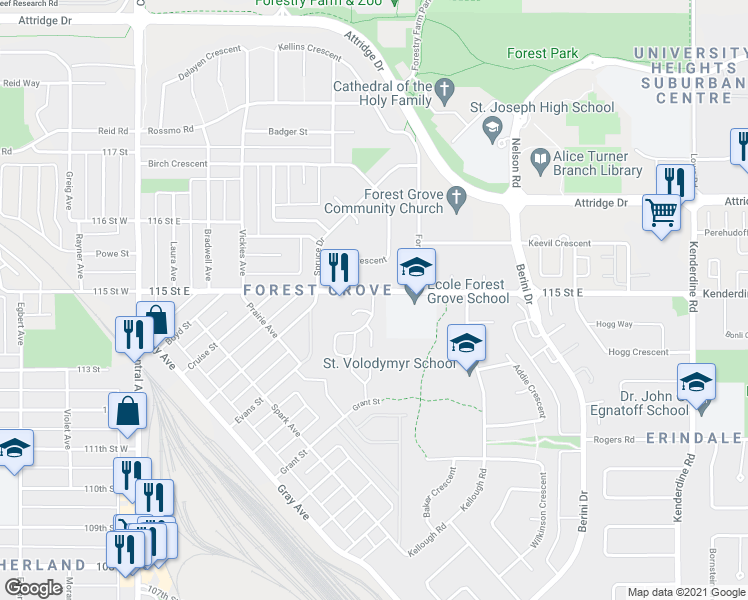 map of restaurants, bars, coffee shops, grocery stores, and more near 425 115 Street East in Saskatoon