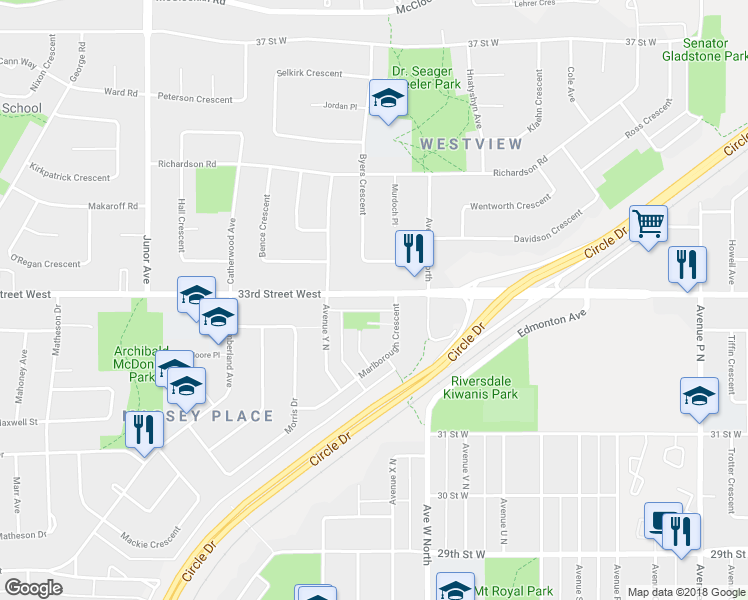map of restaurants, bars, coffee shops, grocery stores, and more near 21 Marlborough Place in Saskatoon