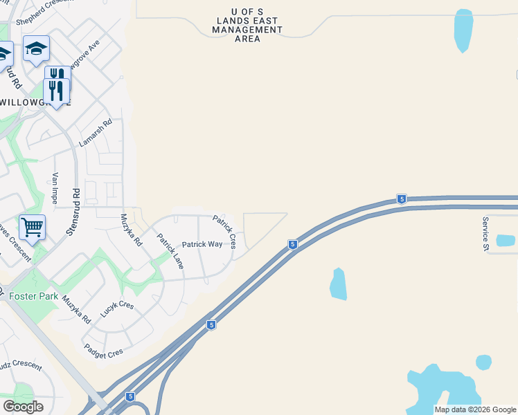 map of restaurants, bars, coffee shops, grocery stores, and more near Patrick Terrace in Saskatoon