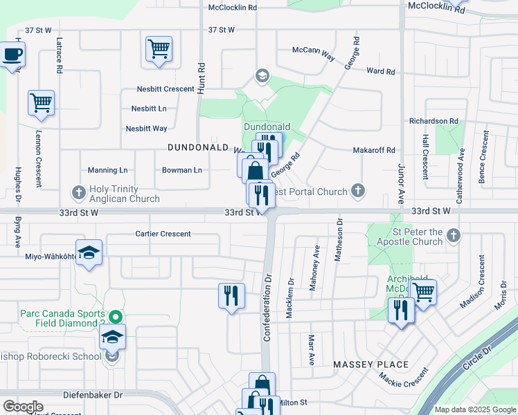 map of restaurants, bars, coffee shops, grocery stores, and more near 3302 33rd Street West in Saskatoon