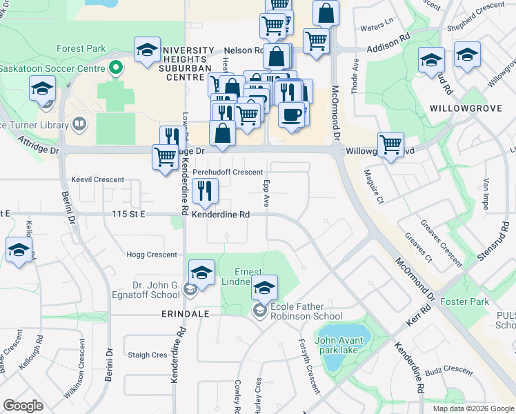 map of restaurants, bars, coffee shops, grocery stores, and more near 303 Epp Court in Saskatoon