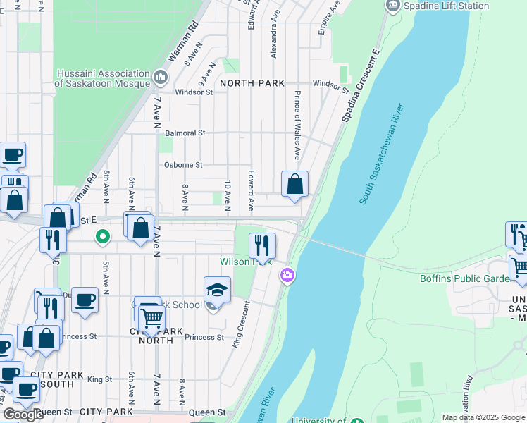 map of restaurants, bars, coffee shops, grocery stores, and more near 1113 Oxford Street in Saskatoon