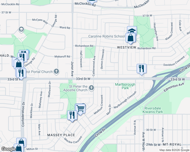 map of restaurants, bars, coffee shops, grocery stores, and more near 2808 33rd Street West in Saskatoon