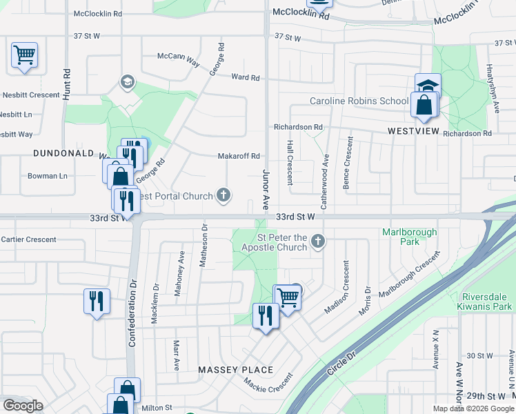 map of restaurants, bars, coffee shops, grocery stores, and more near 3110 33rd Street West in Saskatoon