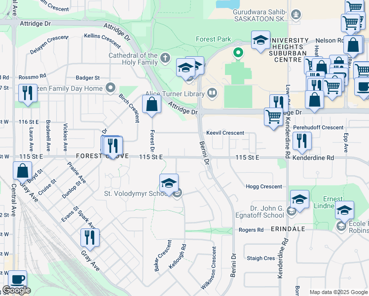 map of restaurants, bars, coffee shops, grocery stores, and more near Blair Court in Saskatoon