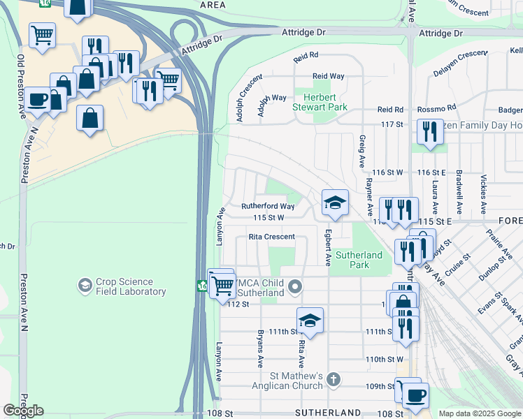 map of restaurants, bars, coffee shops, grocery stores, and more near 811 Rutherford Way in Saskatoon