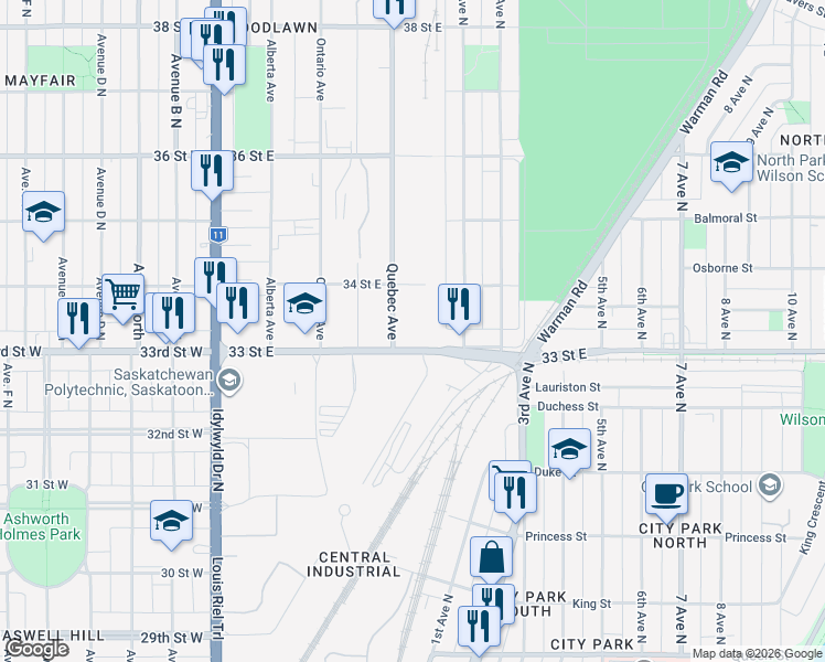 map of restaurants, bars, coffee shops, grocery stores, and more near 90 33 Street East in Saskatoon