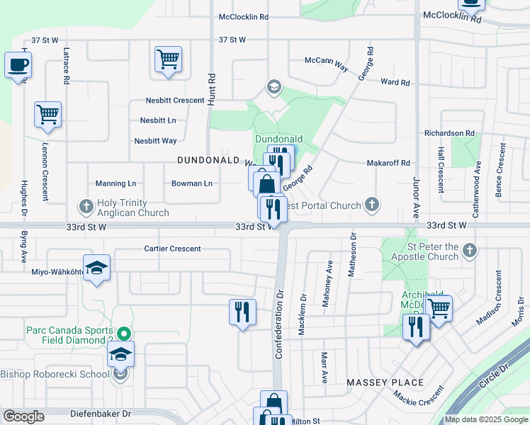 map of restaurants, bars, coffee shops, grocery stores, and more near 3302 33rd Street West in Saskatoon