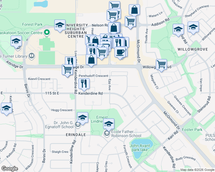 map of restaurants, bars, coffee shops, grocery stores, and more near 303 Epp Court in Saskatoon