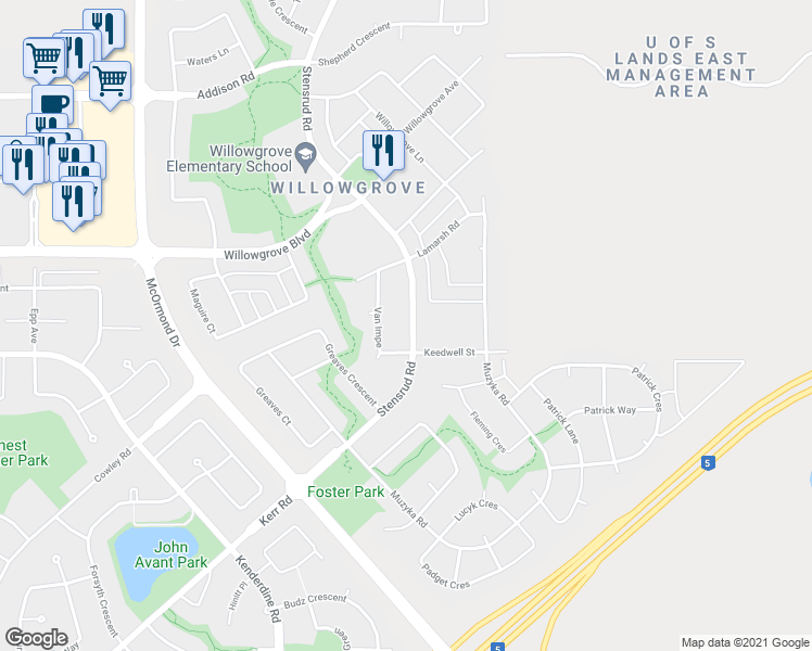 map of restaurants, bars, coffee shops, grocery stores, and more near 419 Stensrud Road in Saskatoon