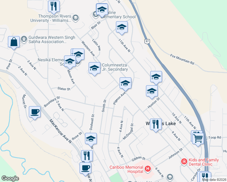map of restaurants, bars, coffee shops, grocery stores, and more near 708 Smith Street in Williams Lake