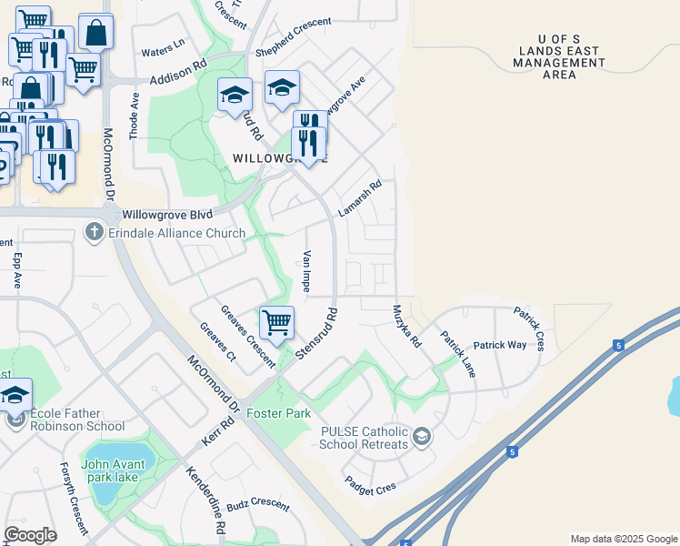 map of restaurants, bars, coffee shops, grocery stores, and more near 419 Stensrud Road in Saskatoon